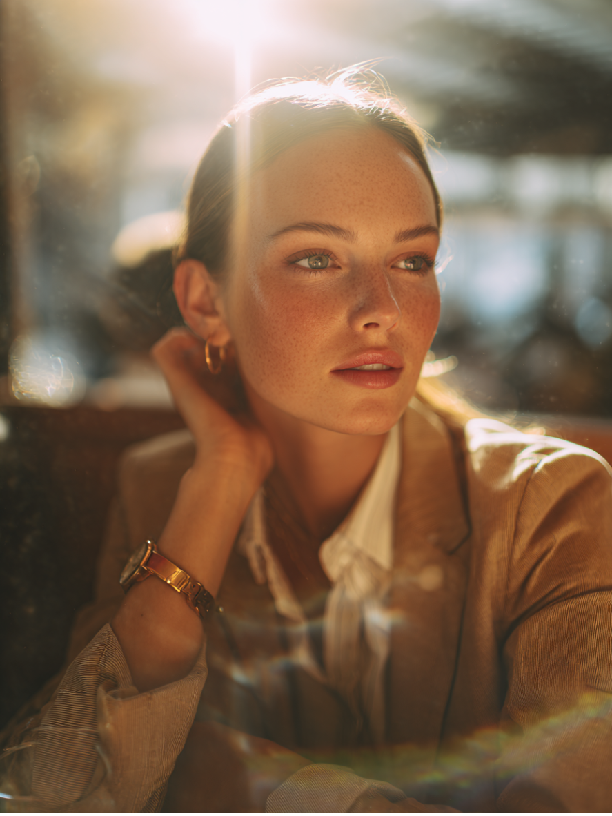 Woman with sunlit hair and a blurred background
